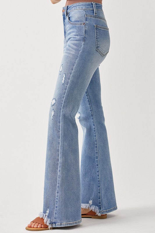 Risen High Rise Distressed Flare Jeans