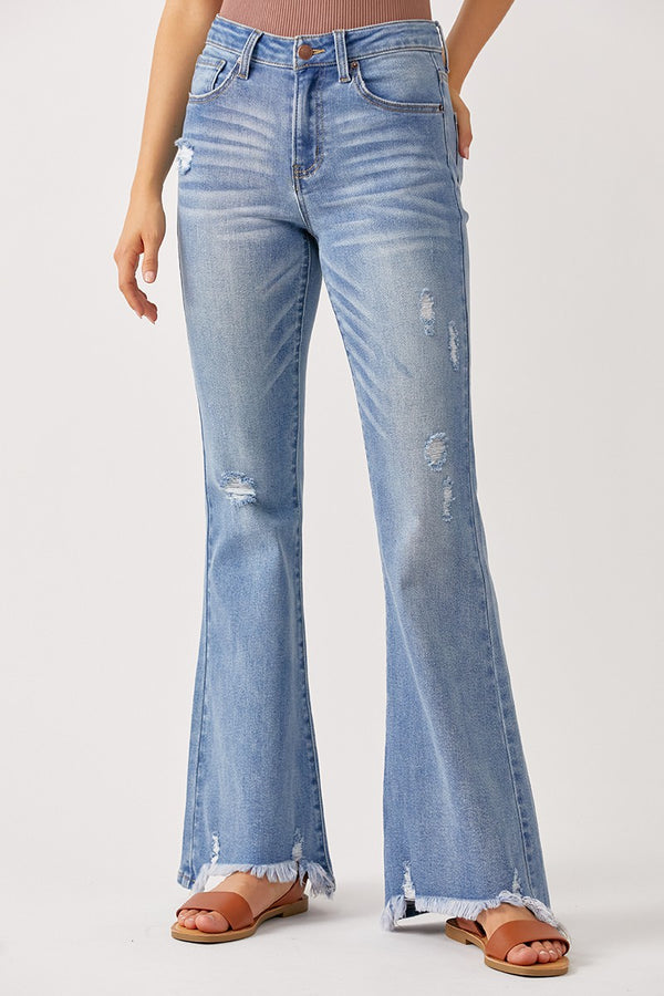 Risen High Rise Distressed Flare Jeans