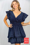 SALE - Acid Wash Blue Short Flutter Sleeve Solid Knit Dress - Curvy Size