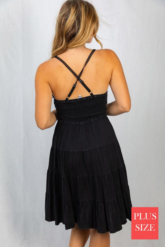 Sleeveless Solid Knit Crochet Bodice Dress - Curvy Size