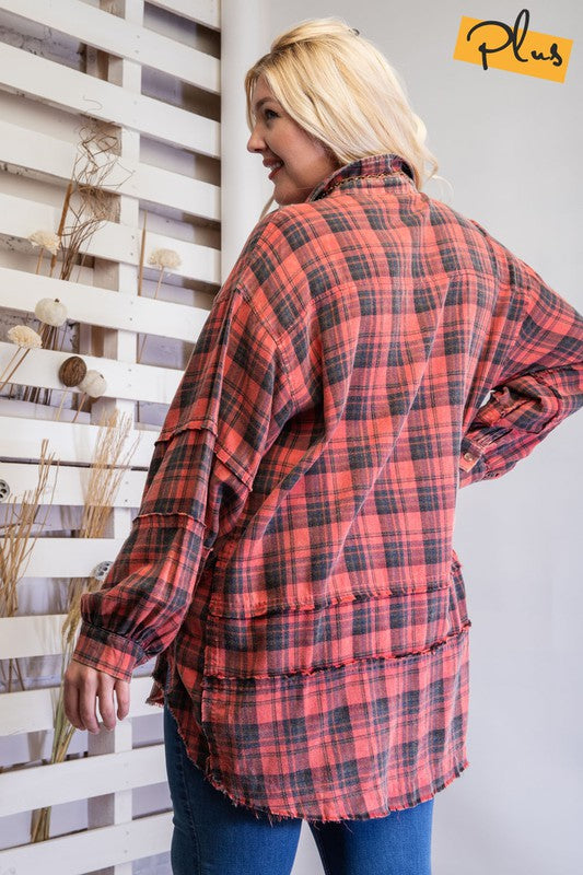 Mineral Washed Plaid Shirt - Curvy Size
