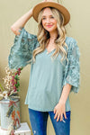 Feather Detailed 3/4 Sleeve Slub Top - 8 Colors