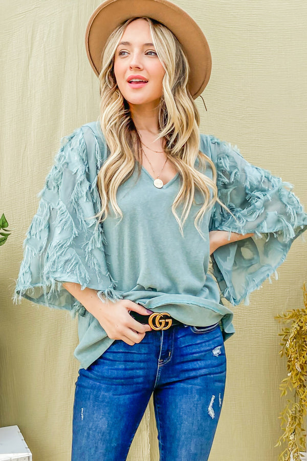 Feather Detailed 3/4 Sleeve Slub Top - 8 Colors