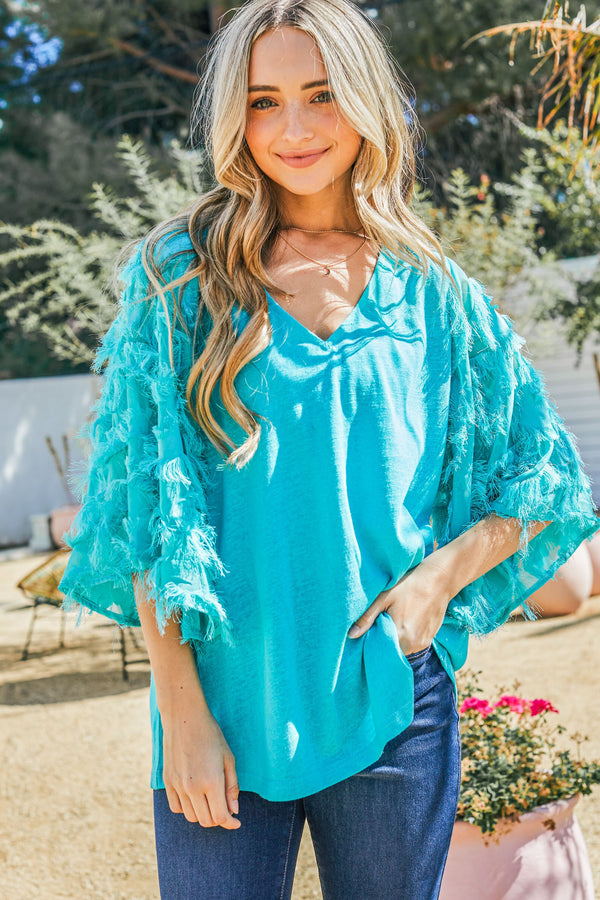 Feather Detailed 3/4 Sleeve Slub Top - 8 Colors