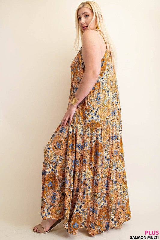 XMAS in July -Patchwork Printed Soft Rayon Crinkle Maxi Dress- Curvy Size