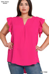 BLACK FRIDAY DOOR BUSTER Woven Wool Peach Ruffled Sleeve High-Low Top - Curvy Size - 2 Colors