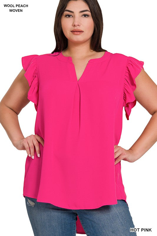 BLACK FRIDAY DOOR BUSTER Woven Wool Peach Ruffled Sleeve High-Low Top - Curvy Size - 2 Colors