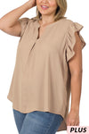 BLACK FRIDAY DOOR BUSTER Woven Wool Peach Ruffled Sleeve High-Low Top - Curvy Size - 2 Colors