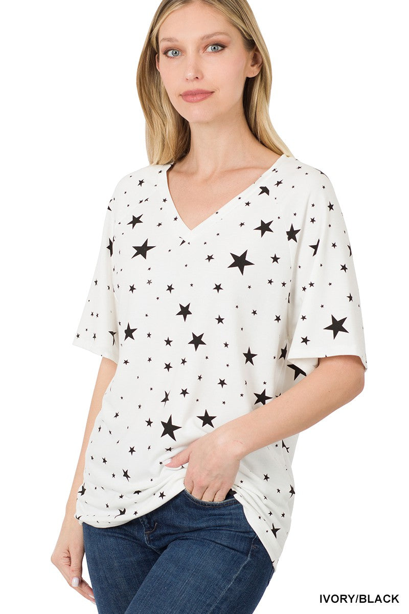 NEW Star Print Raglan Sleeve V-neck Top - Curvy Size - 2 colors