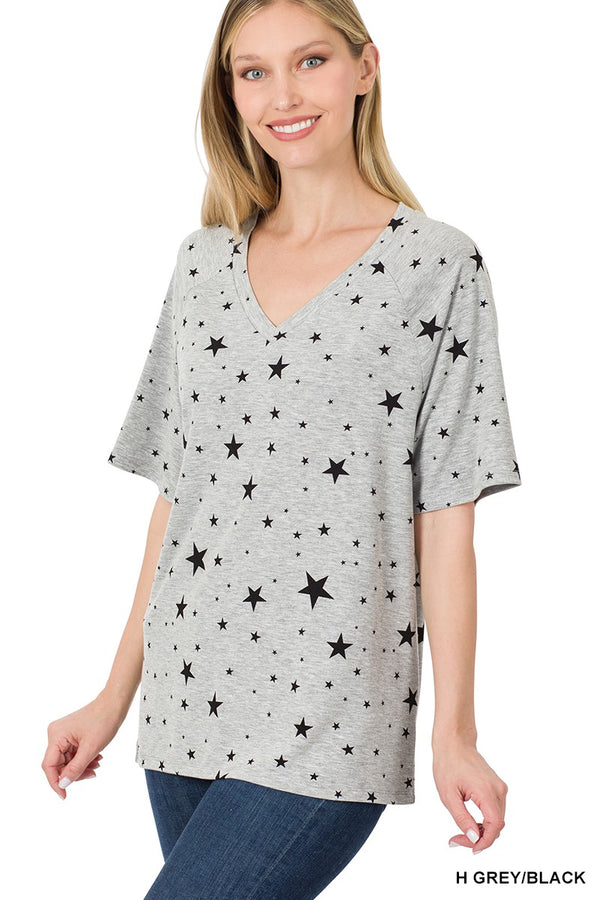 NEW Star Print Raglan Sleeve V-neck Top - Curvy Size - 2 colors