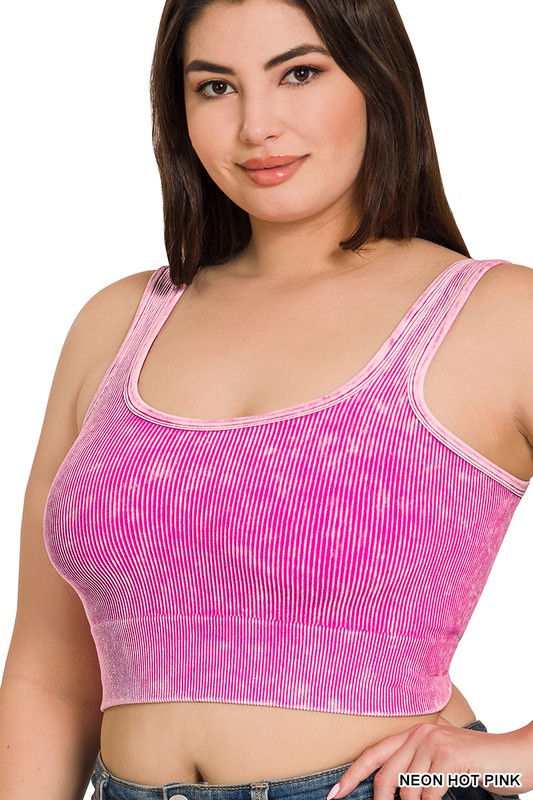 Washed Ribbed Square Neck Cropped Tank Top Curvy - 5 Colors