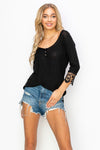 NEW Black Lace Detail Sleeve Wide Neckline Ribbed Fabric Top - Curvy Size