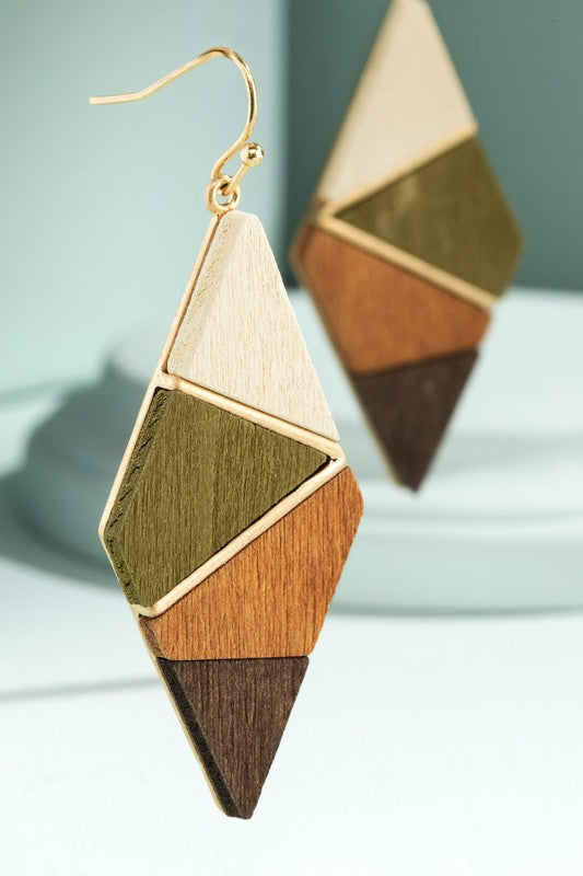 Wood Color Block Dangle Drop Earrings