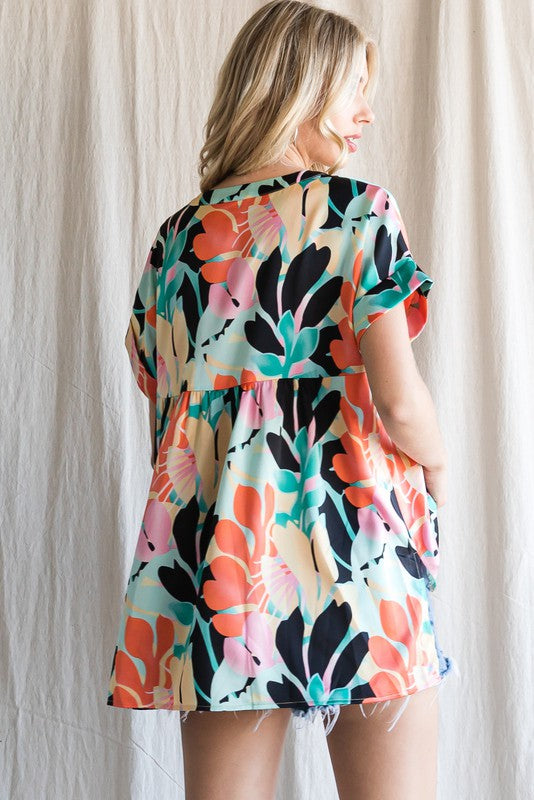 Multicolor Print Slit Neck Top