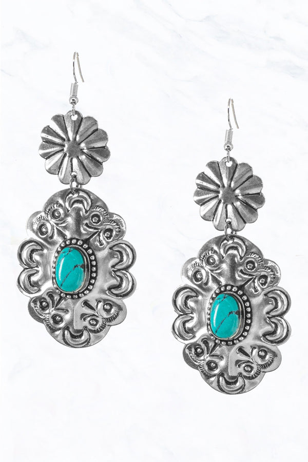 Oval Concho with Turquoise Stone Dangle Earrings