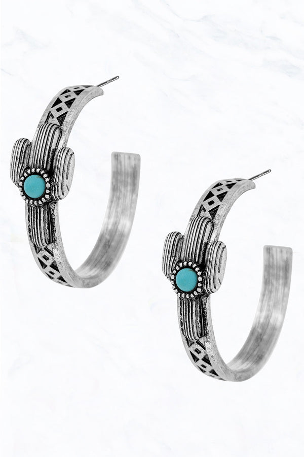 Cactus, Aztec Pattern Open-End Hoop Metal Earrings