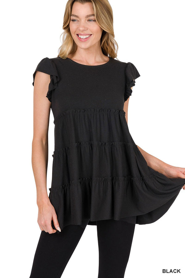 Ruffle Sleeve Tiered Tunic Top - 3 colors