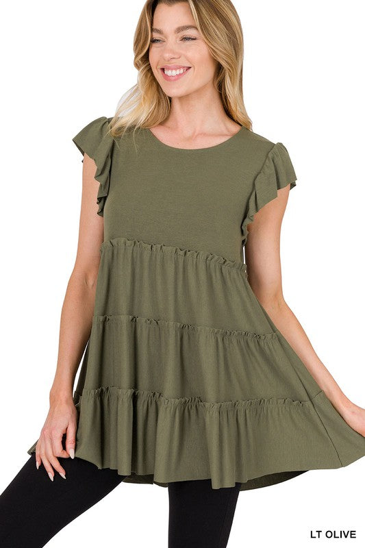 Ruffle Sleeve Tiered Tunic Top - 3 colors