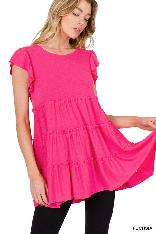 Ruffle Sleeve Tiered Tunic Top - 3 colors