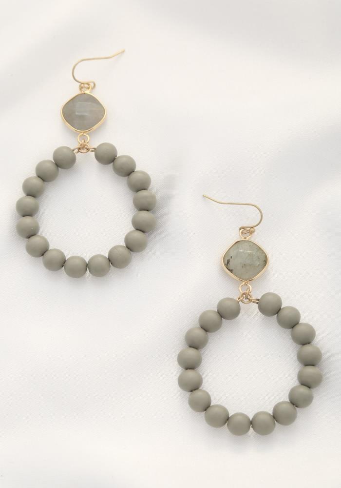 Wood Bead Stone Dangle Earring - 2 Colors