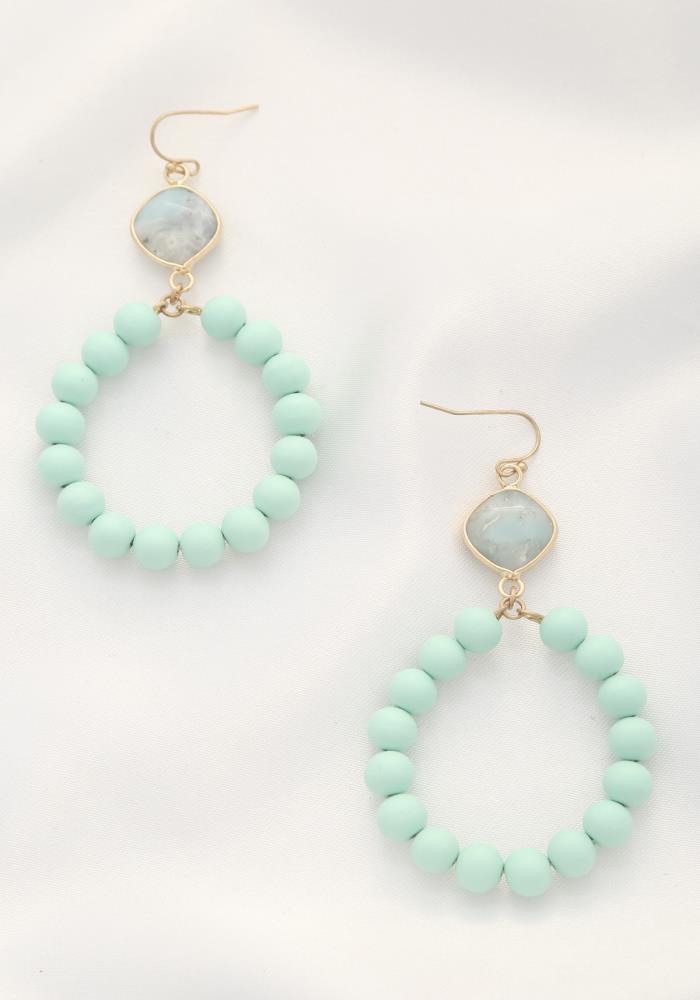 Wood Bead Stone Dangle Earring - 2 Colors
