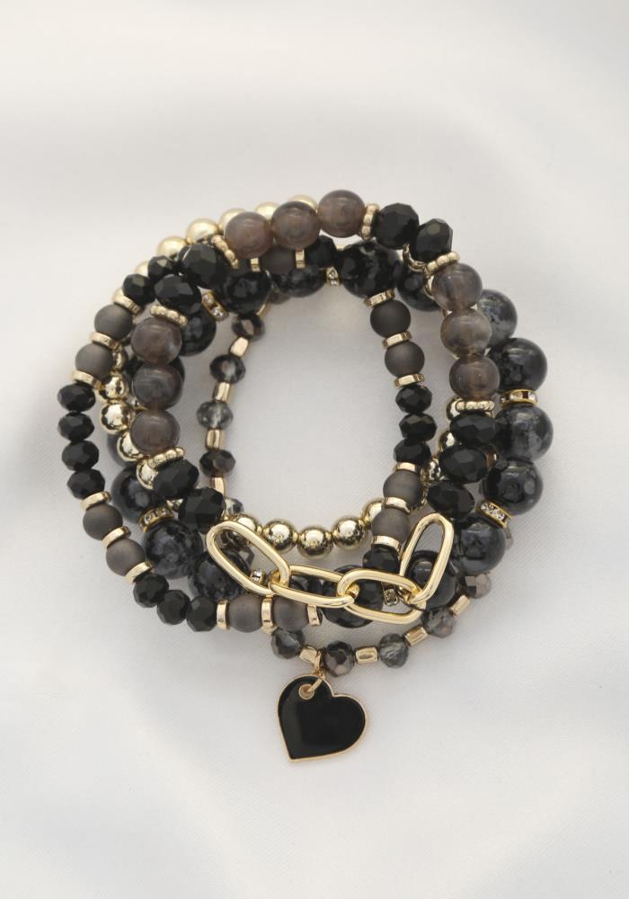 Heart Charm Beaded Bracelet Set - 3 Colors