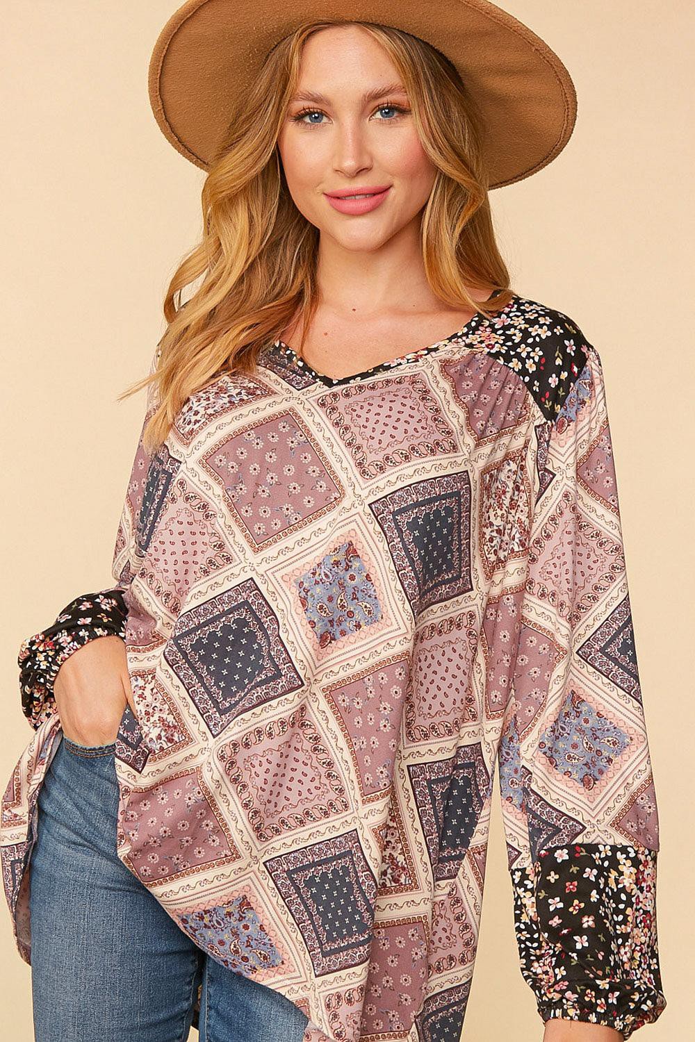 SALE Ethnic Patchwork Yoke Floral Print Knit Top - Curvy Size