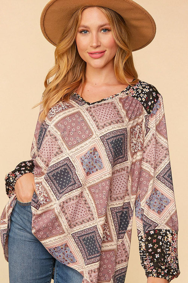 SALE Ethnic Patchwork Yoke Floral Print Knit Top - Curvy Size