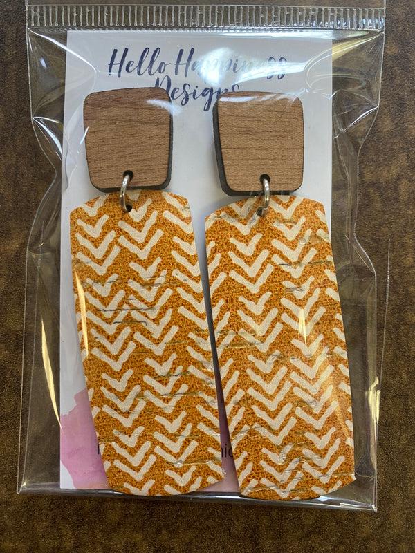 Mustard Chevron Cork Leather Wood Accent Bar Dangles