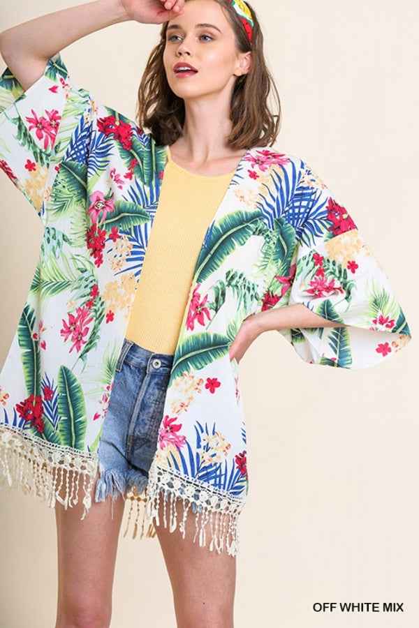 SALE Tropical Floral Print Open Front Kimono with Crochet Trim