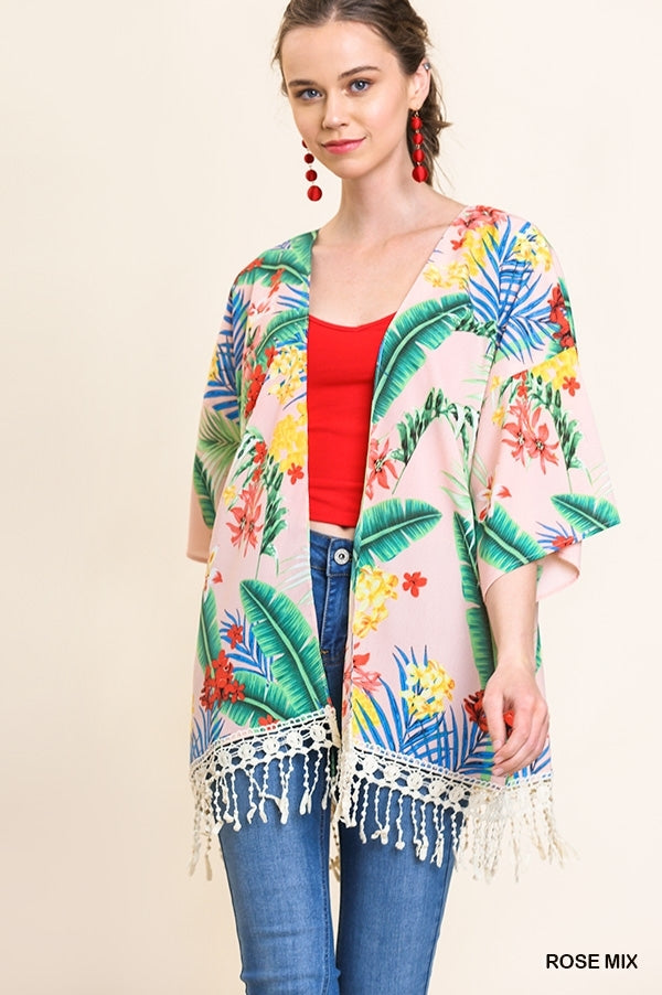 SALE Tropical Floral Print Open Front Kimono with Crochet Trim
