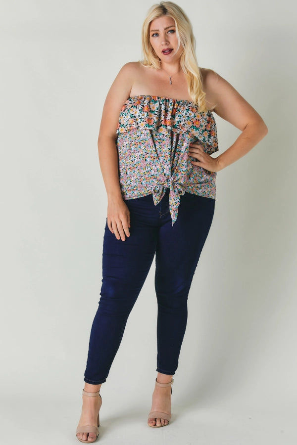 SALE Strapless Floral Tie Front Top- Curvy