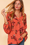 SALE Floral Bubble Crepe Bubble Sleeve Blouse - Curvy Size