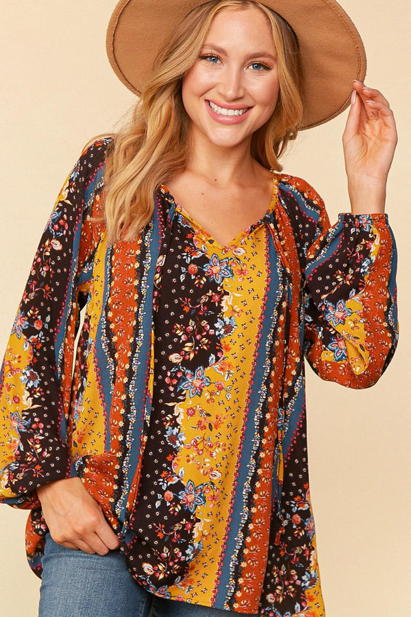 SALE Bohemian Vertical Floral Front Tie Blouse - Curvy Size