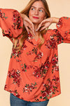 SALE Floral Bubble Crepe Bubble Sleeve Blouse - Curvy Size