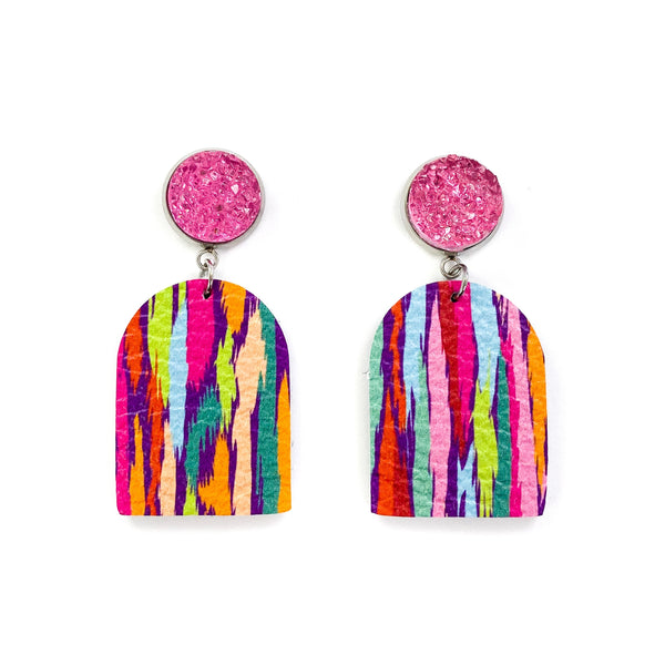 Druzy Stud & Multi Colored Stripe Dangle Leather Earrings
