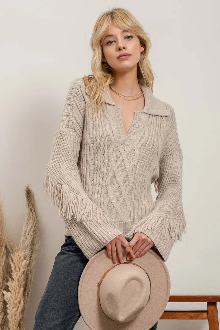 TOTE Fringe Cable Knit Sweater