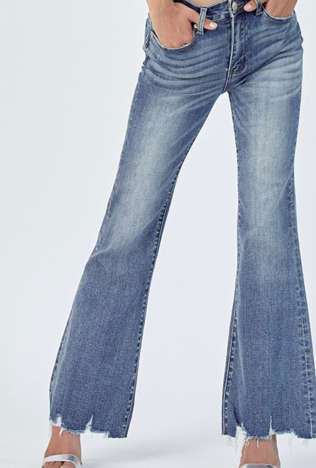 SALE Risen Jeans Mid Rise Raw Hem Flare Jeans