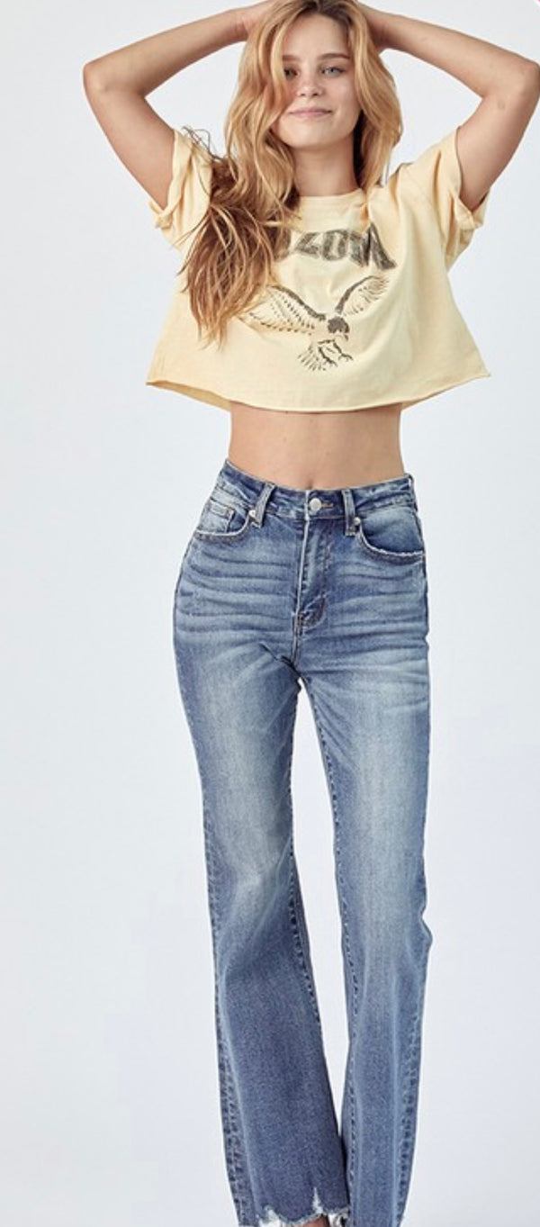 SALE Risen Jeans Mid Rise Raw Hem Flare Jeans