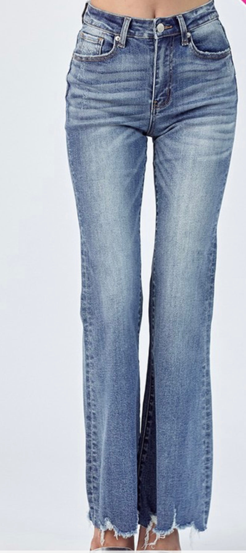 SALE Risen Jeans Mid Rise Raw Hem Flare Jeans