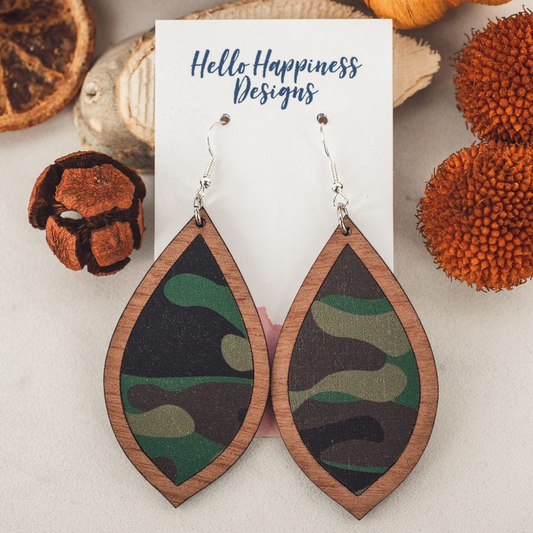 NEW Camo & Wood Inset Teardrop Dangles