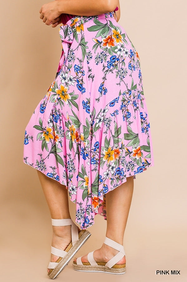 Pink Floral Print Midi Wrap Skirt Curvy