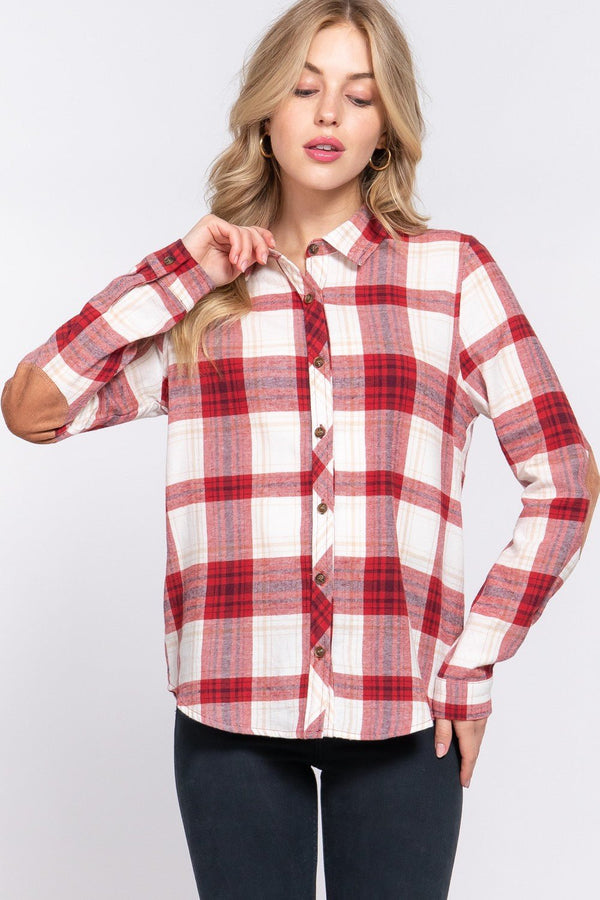 DOORBUSTER Long Sleeve W/suede Patch Button Down Plaid Shirt - Blush & Cactus