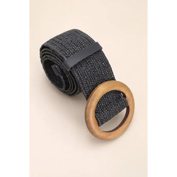 Wooden Buckle Woven Rattan Stretch Waist Belt