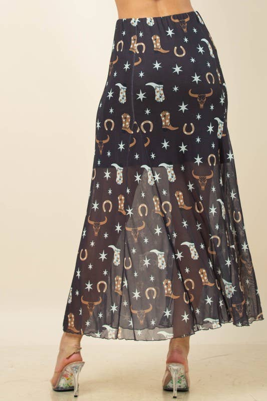 Western Mesh Maxi Skirt - Blush & Cactus