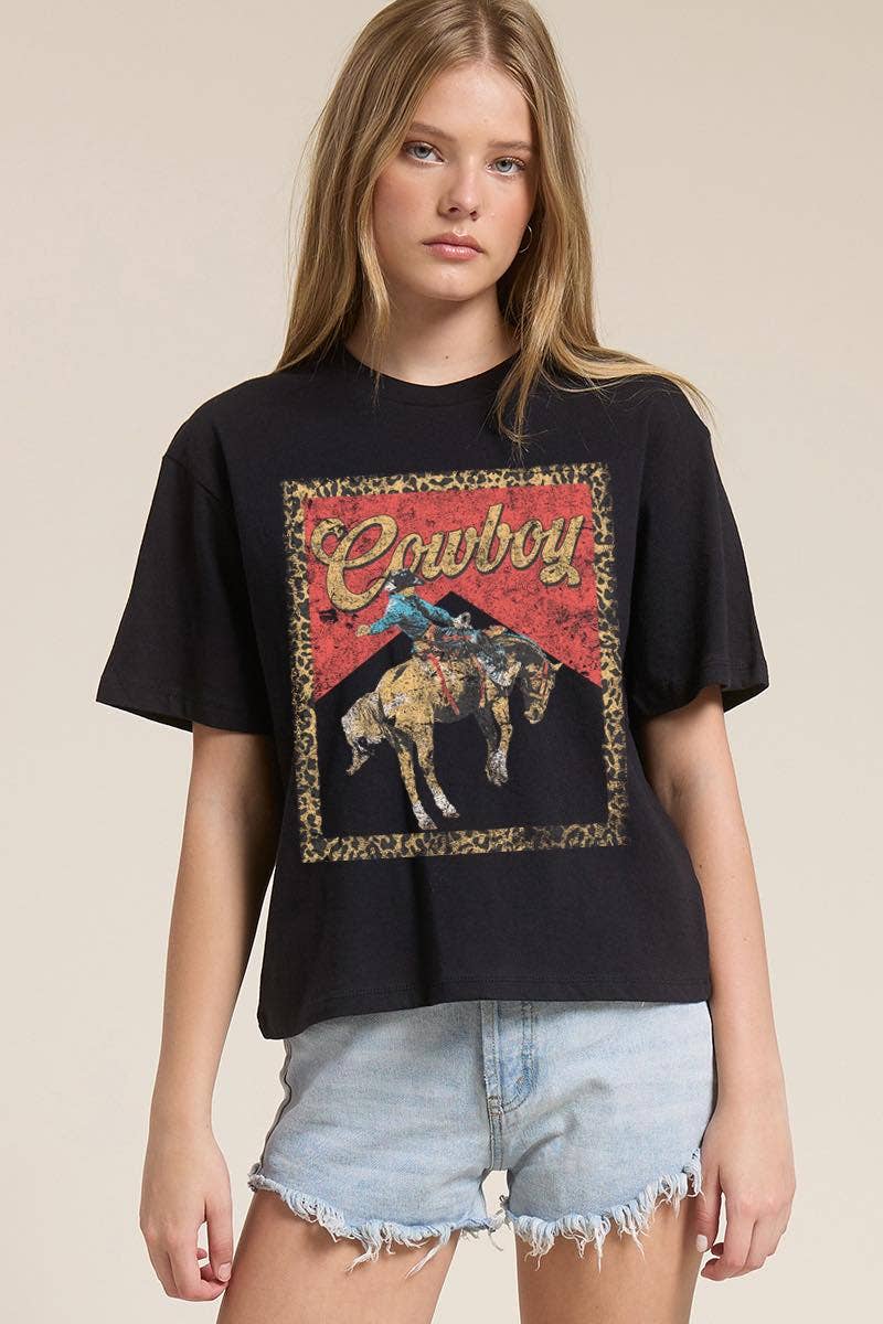 Cowboy Leopard Frame Graphic Premium Cotton Faux Crop Tee