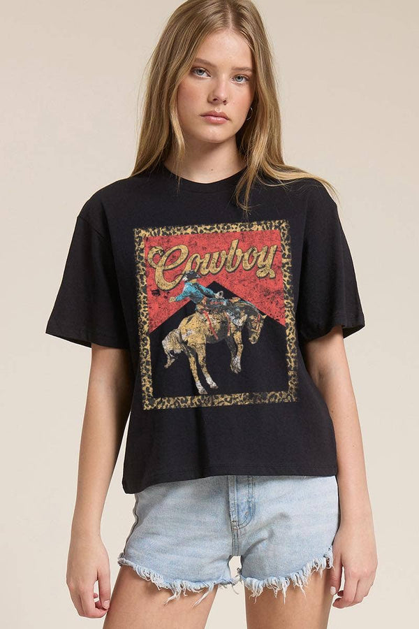 Cowboy Leopard Frame Graphic Premium Cotton Faux Crop Tee