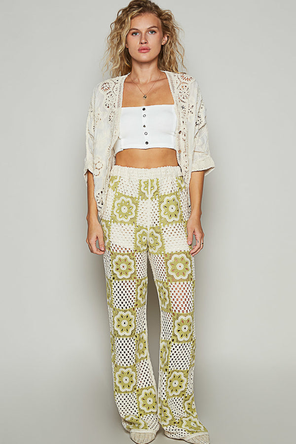POL Designed in V-neck roomy fit cardigan in crochet with various stitching patterns