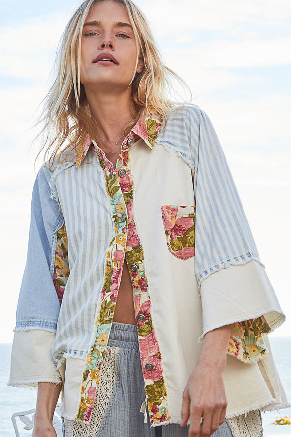 POL Button Down with Collar oversized fit 3/4 sleeve top