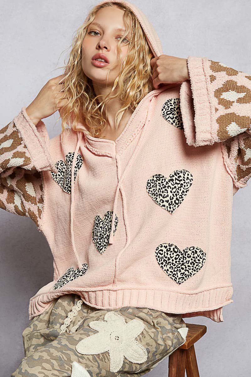 POL Designed in V - neck long sleeve roomy fit hoodie top in chenille - Blush & Cactus